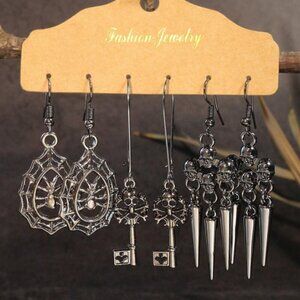 Earrings Gothic Spider in Web Skulls and Spikes Key and Skull Gunmetal Mettalic